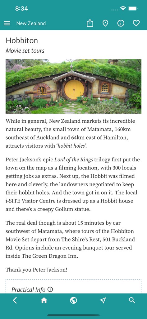 Pantalla de la aplicación New Zealands Best para tours del set de filmación de Hobbiton con una foto de una casa hobbit
