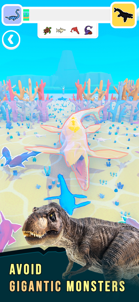 Dino Domination - Dino Domination gameplay showing underwater dinosaurs and a T-Rex with a prompt to avoid gigantic monsters