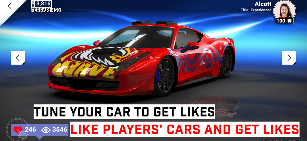 Red customized sports car in Infinite Speed featuring social media like and view counters