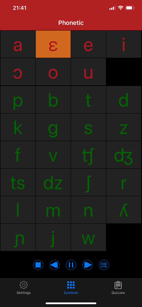 Italian Sounds and Alphabet - A grid display of Italian phonetic symbols in the Italian Sounds and Alphabet app
