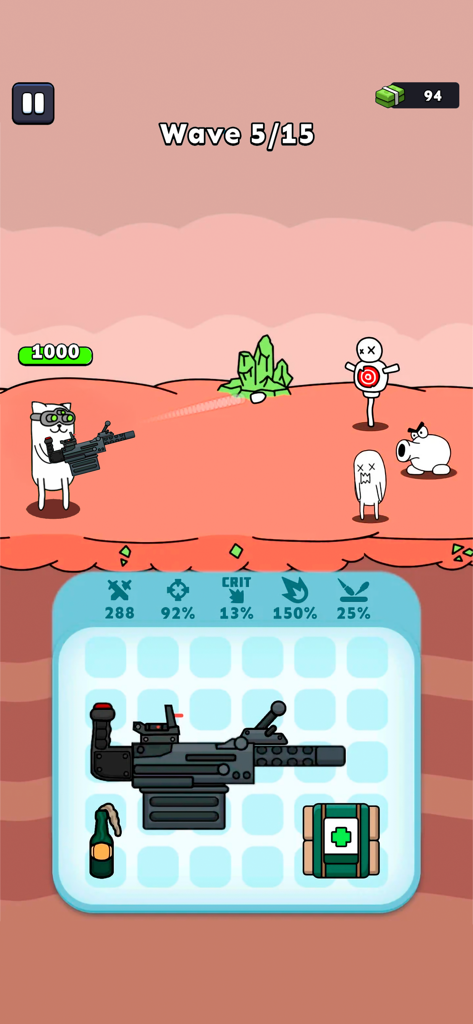 A battle cat hero using a machine gun to fight monsters in Gun Hero