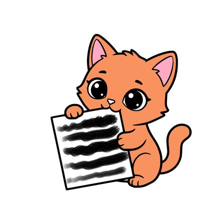 a small cat with a blank sheet of paper in its hand. the cat is sooooooo cute!