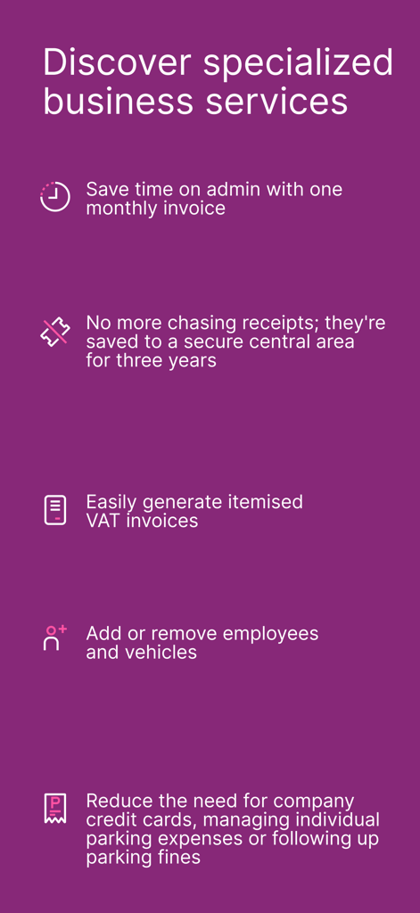 RingGo mobile app specialized business services and expense management features displayed on a purple background.
