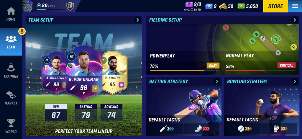 Cricket Team Coach - Écran de jeu Cricket Team Coach montrant des cartes de composition d'équipe et des paramètres de stratégie pour le battage et le bowling.