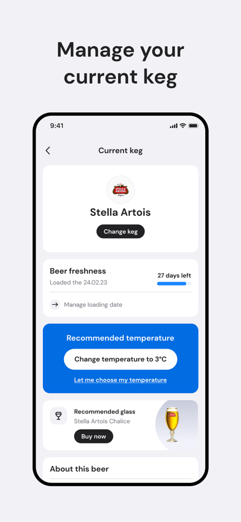 PerfectDraft - PerfectDraft app screen displaying Stella Artois keg freshness and temperature settings