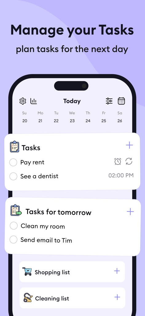 ADHD Planner Organizer Planwoo - Interfaccia dell'app Pianificatore ADHD Planwoo che mostra l'organizzazione delle attività giornaliere e una sezione dedicata alle attività di domani