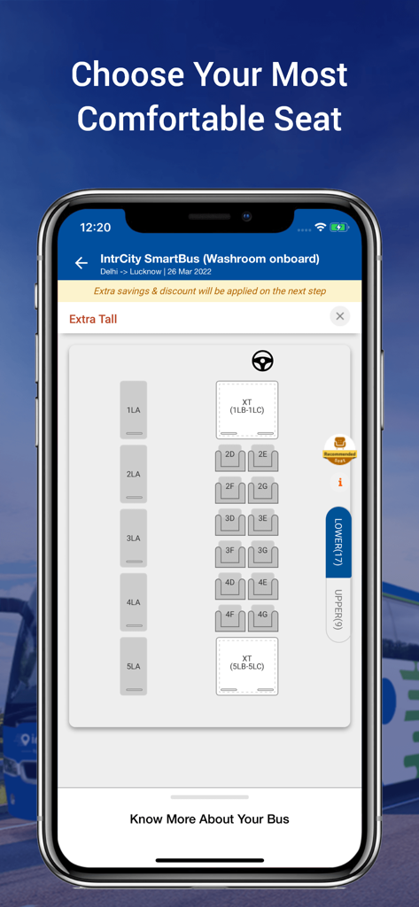 Tela de seleção de assentos do aplicativo IntrCity SmartBus mostrando leitos e layout de assentos para um ônibus com banheiro a bordo.