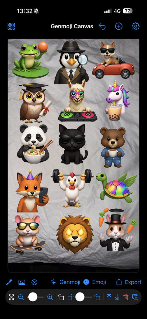 A canvas in the Genmoji Studio app displaying a grid of various custom remixed emojis and animal stickers