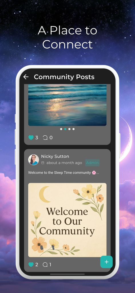 Sleep Time: Sleep Meditations - Sleep Time app community screen showing welcome posts and interaction options