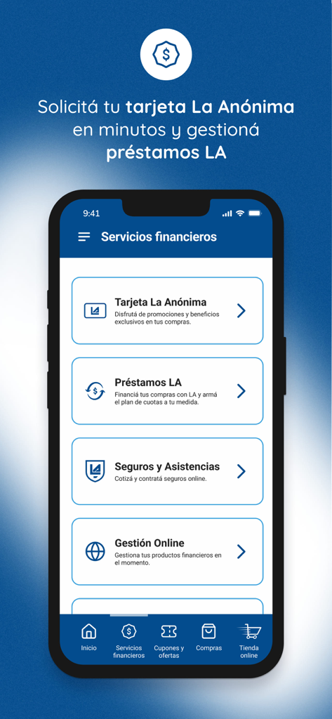 Smartphone screen showing the financial services section of the La Anonima app including options for credit cards, loans, and insurance.