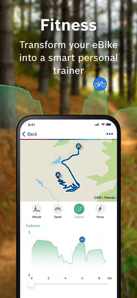 Bosch eBike Connect App zeigt Radroute und Trittfrequenz-Fitnessmetriken an.