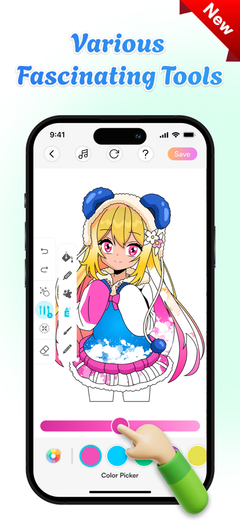 Corly: Color Picker Relax - 애니메이션 캐릭터 일러스트레이션에 사용된 다양한 드로잉 도구와 색상 피커를 보여주는 Corly의 모바일 앱 인터페이스.