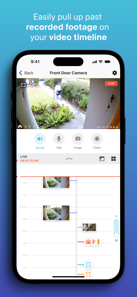 Abode - Abode app interface showing front door camera live feed and recorded video timeline