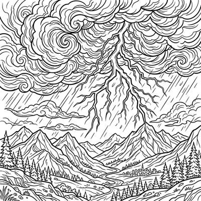 Experience the awe-inspiring power of a cloud-to-ground thunder storm with this detailed coloring page. Immerse yourself in a dramatic mountain scene featuring a striking lightning bolt and swirling rain.
