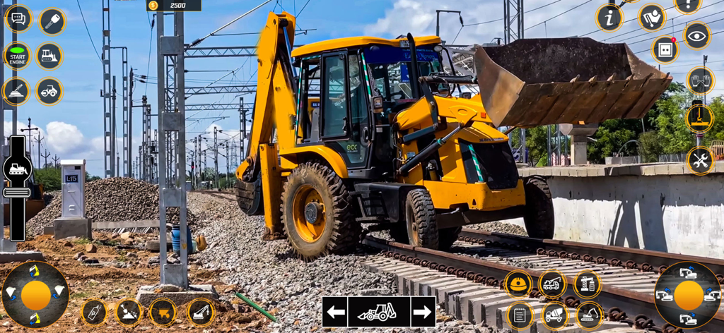 Una retroescavatore gialla che opera su un binario ferroviario all'interno del gioco di costruzione di città