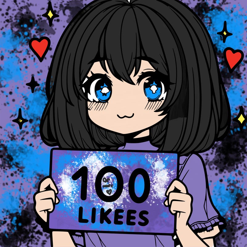 anima girl holding a 100 likes sign in her hand