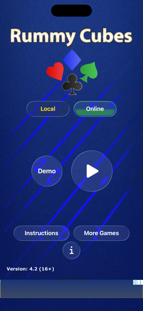 Rummy Cubes - The home menu screen of the Rummy Cubes tile game app with options for local and online play