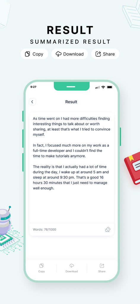 Text Summarizer - Interface do aplicativo móvel Sumarizador de Texto por IA mostrando um resultado resumido com opções de cópia, download e compartilhamento