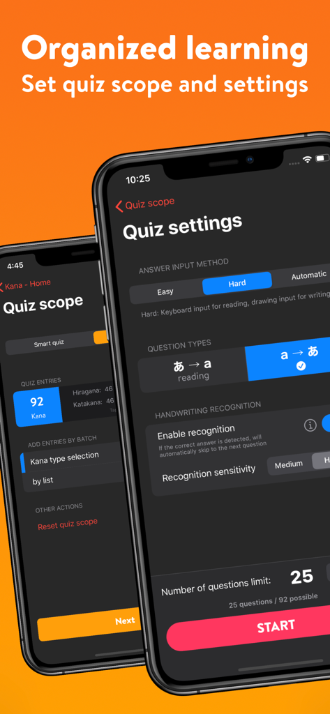 Pantalla de configuración de exámenes y selección de alcance para la aplicación de aprendizaje de Hiragana y Katakana