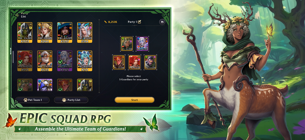 Pantalla de selección de héroes de Guild of Guardians para construir un escuadrón