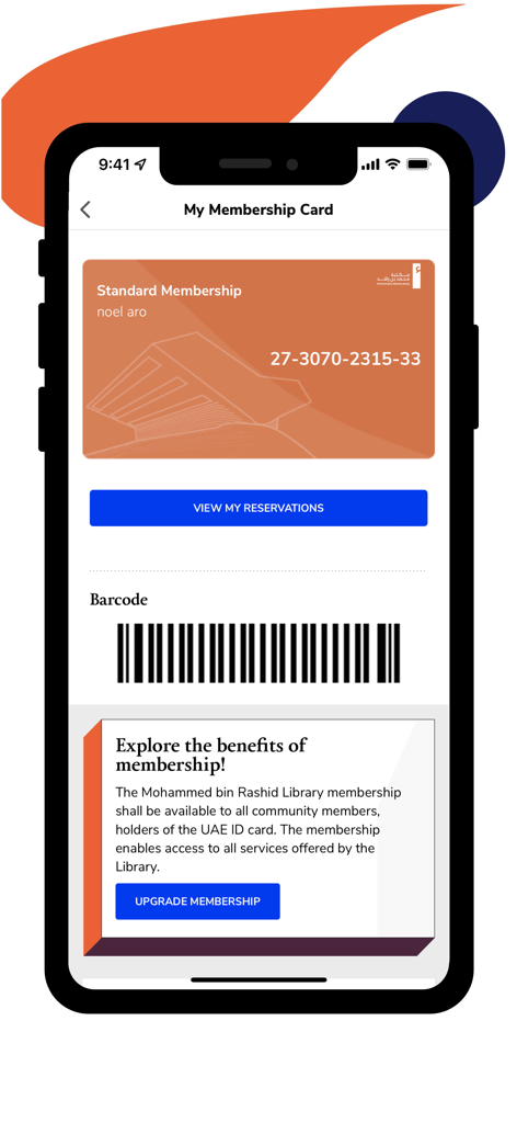 MBRL - Tela do cartão de membro digital no aplicativo MBRL mostrando número de membro e código de barras.