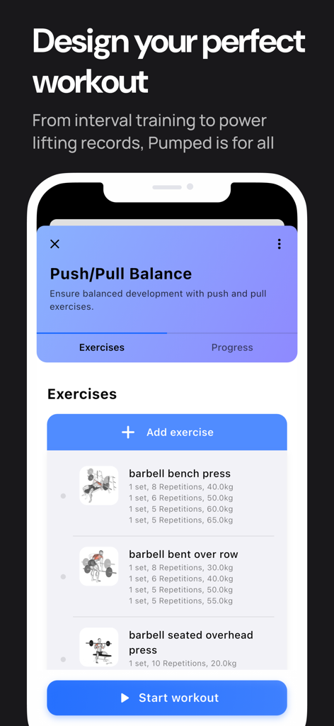 Pumped Workout Tracker Gym Log - Pumped app interface for designing a custom push pull workout routine