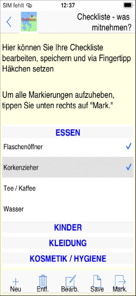 Cuxhaven App für den Urlaub - A travel packing checklist screen within the Cuxhaven vacation app featuring categories like food, children, clothing and hygiene
