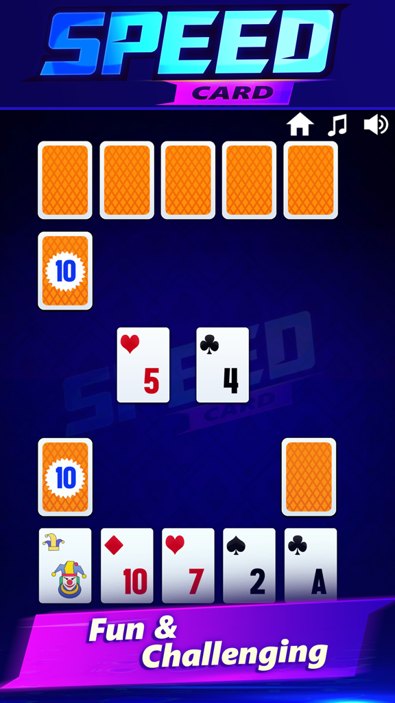 Tela de jogabilidade de Speed Card mostrando cartas em um jogo de slam rápido