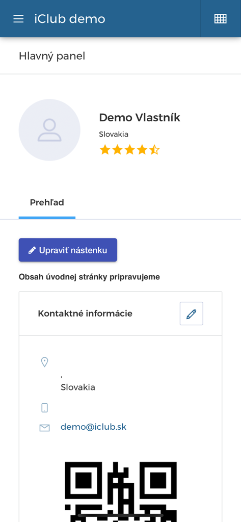 User profile dashboard in the iClub app showing member details and contact information