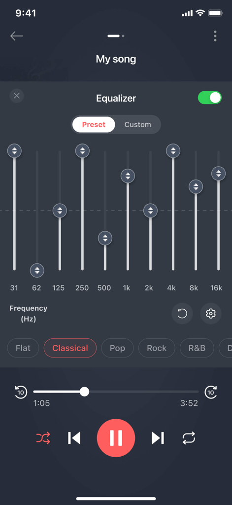 Equalizer interface in the Mp3 Cutter app with frequency sliders and music presets