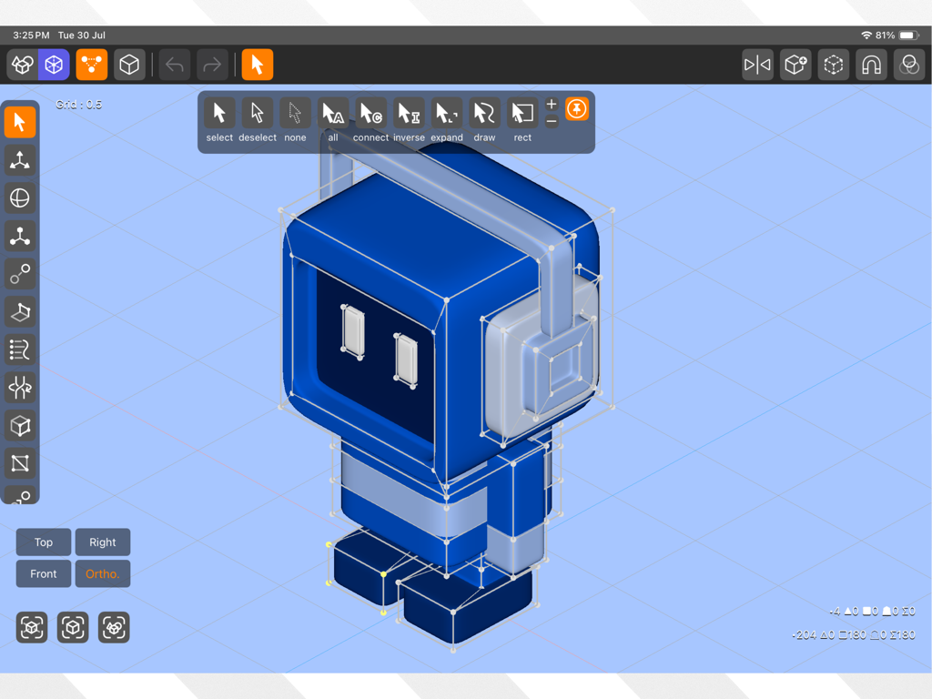 Interfaccia dell'app di modellazione 3D DGArt su iPad che mostra un personaggio robot blu con cuffie in fase di modifica