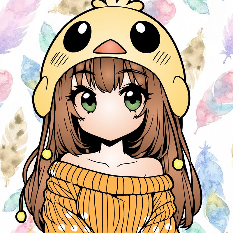 anime girl with chick shaped hat with sweater with bare shoulders with bangs covering them one eye with low tail