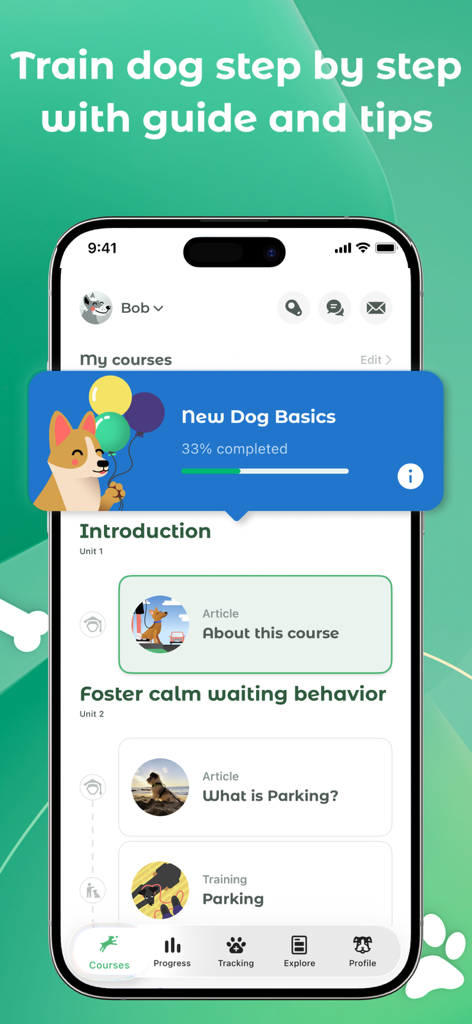 Dogo app interface showing the New Dog Basics training course and progress tracker.