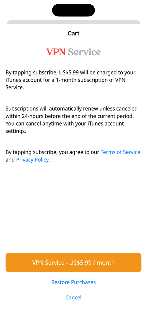 Pagina di abbonamento Bee VPN che mostra un prezzo mensile di 5,99 dollari e un pulsante di pagamento
