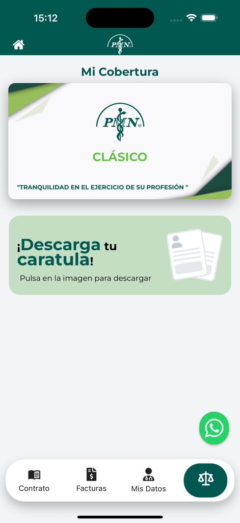 Mobile app screen showing medical legal coverage details and a button to download documentation.