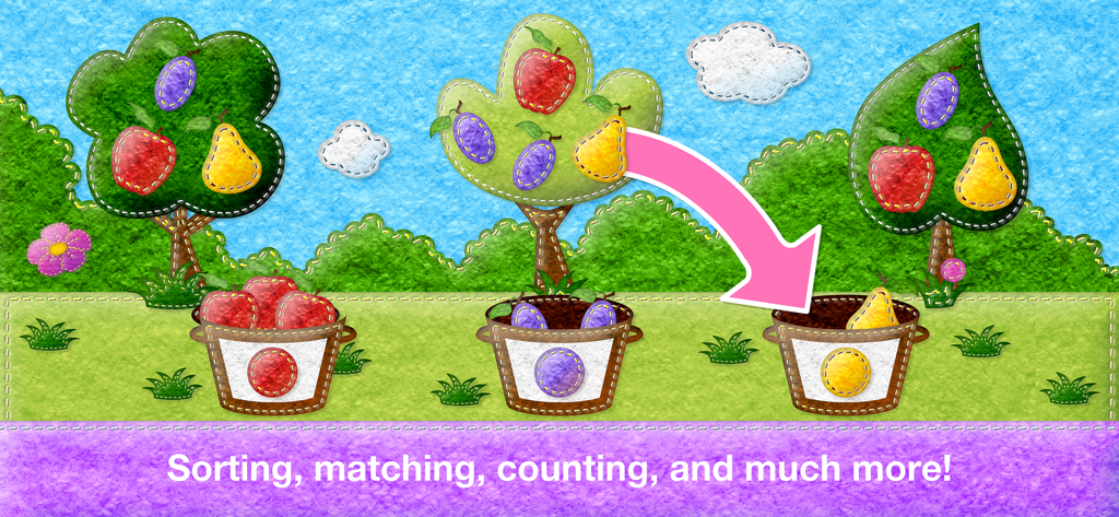 Toddler educational game showing a fruit sorting activity with a felt texture aesthetic