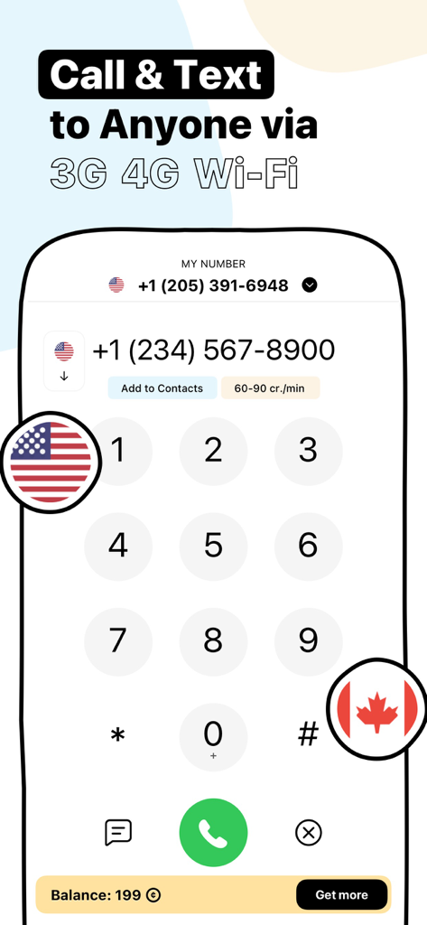 Text ON: Call Now Second Phone - Interfaz de la aplicación que muestra un marcador telefónico para números virtuales de EE. UU. y Canadá