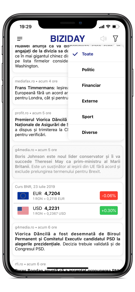 Biziday app news feed with a category filter menu showing options like Politic Financiar and Externe