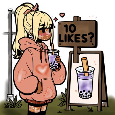 girl with oversized hoodie drinking boba and she has a high ponytail with a sign that says 10likes?