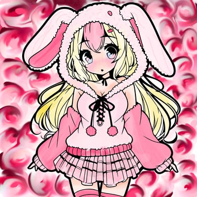 pretty anime girl wearing a fluffy hoodie with bunny ears on the hood and a skirt