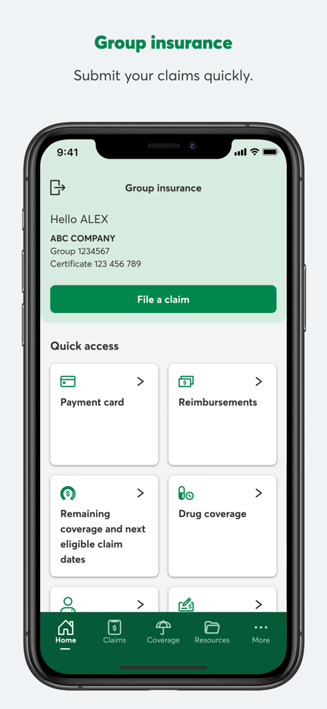 Omni by Desjardins - Dashboard of the Omni by Desjardins app showing group insurance options like filing a claim and viewing payment cards