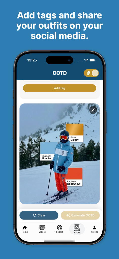 Seekia 앱 화면에 브랜드 라벨과 함께 오늘의 의상을 태그하고 공유하는 기능이 표시됩니다.