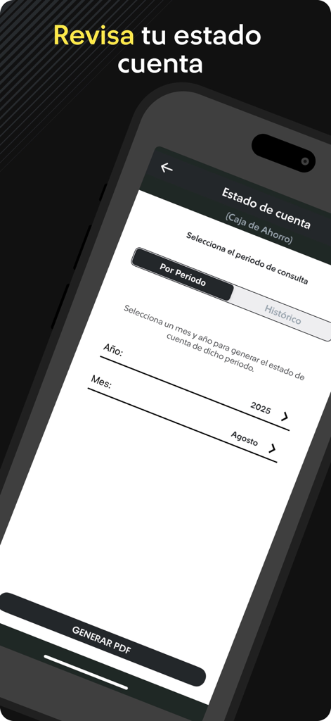 Mis Beneficios. - Pantalla de la app móvil para generar un estado de cuenta en PDF de un fondo de ahorro corporativo