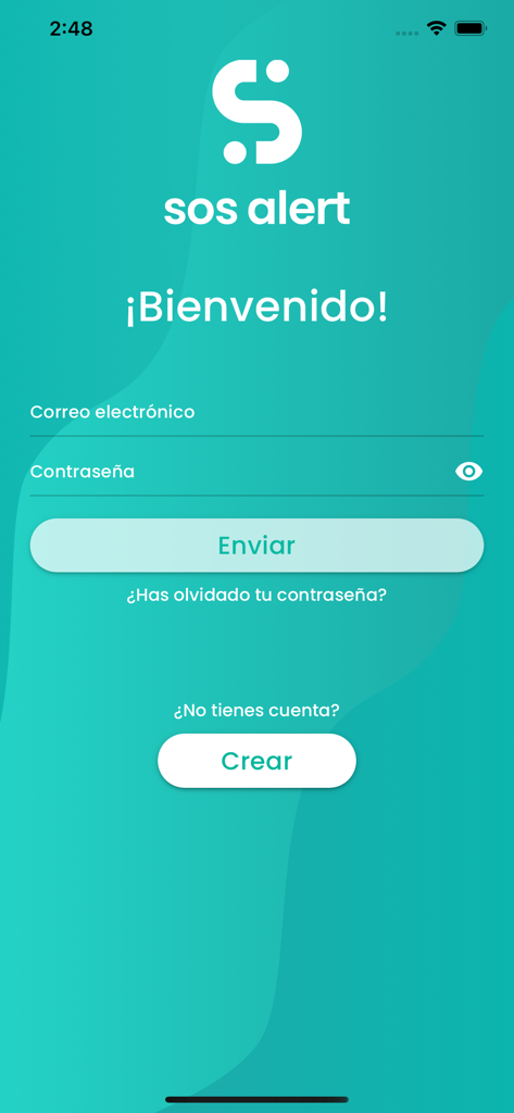 Schermata di login dell'app di sicurezza stradale SOS Alert con campi email e password