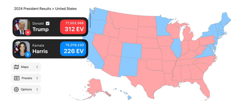 Interactive US map showing 2024 presidential election results with Donald Trump winning 312 electoral votes