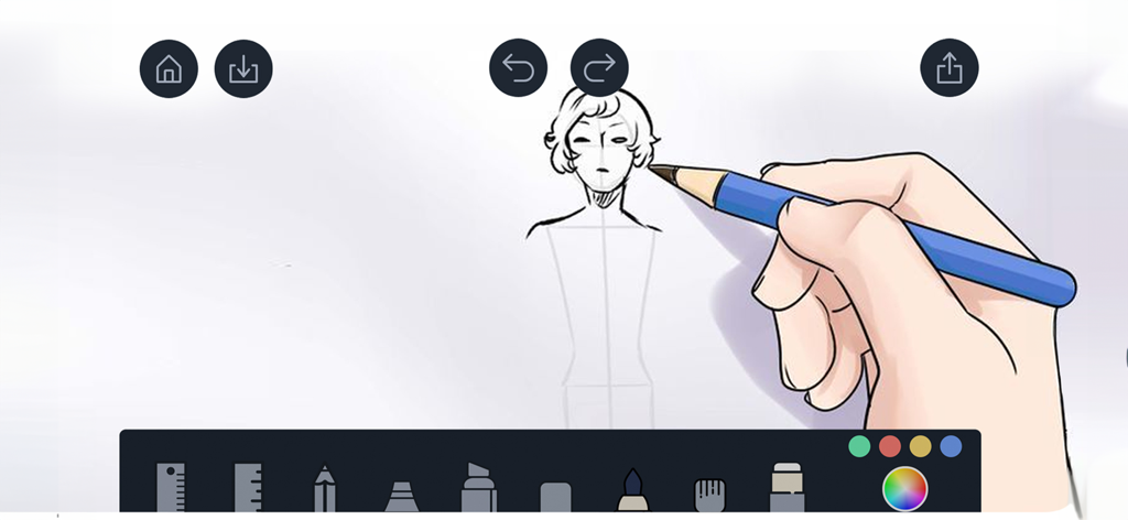 Drawing Pad - - A hand using a stylus to sketch a character in the Sketch Desk mode of the Drawing Pad app.