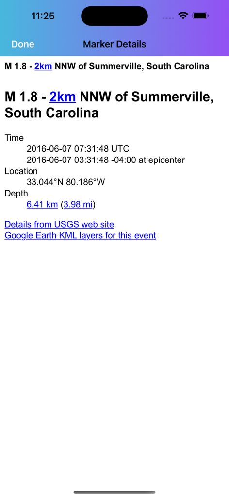 Screenshot of the marker details screen showing geographical coordinates time and depth for a specific location