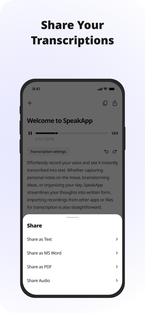 Interfaz móvil de SpeakApp AI mostrando opciones para compartir transcripciones de voz como texto, MS Word, PDF o audio