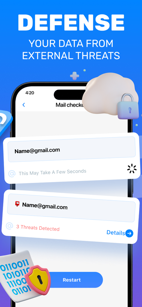 Mobile app interface showing an email scanner detecting security threats for data protection