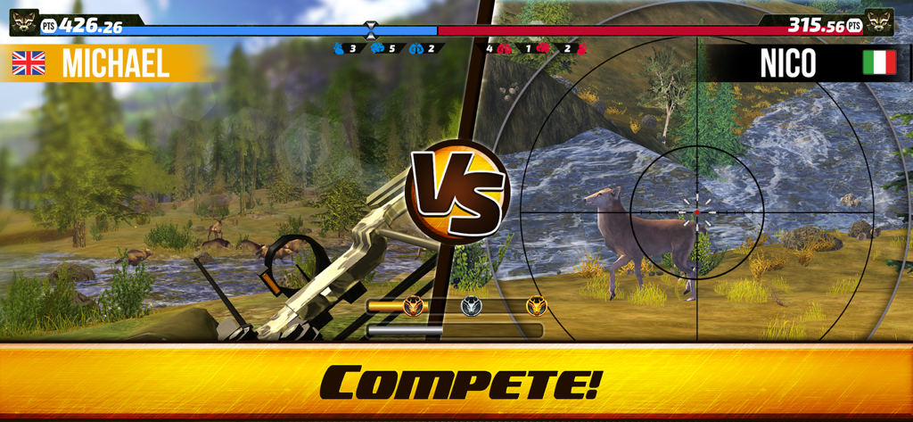 Dos jugadores compitiendo en una partida de caza de ciervos PvP 1v1 con un arco y una mira de rifle